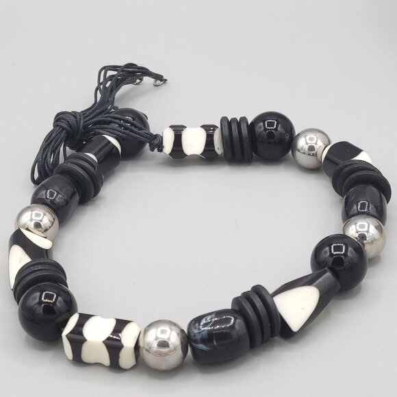 Black and White Large Bead Boho Necklace Black Cord Silver Ball Spacers - Picture 5 of 7